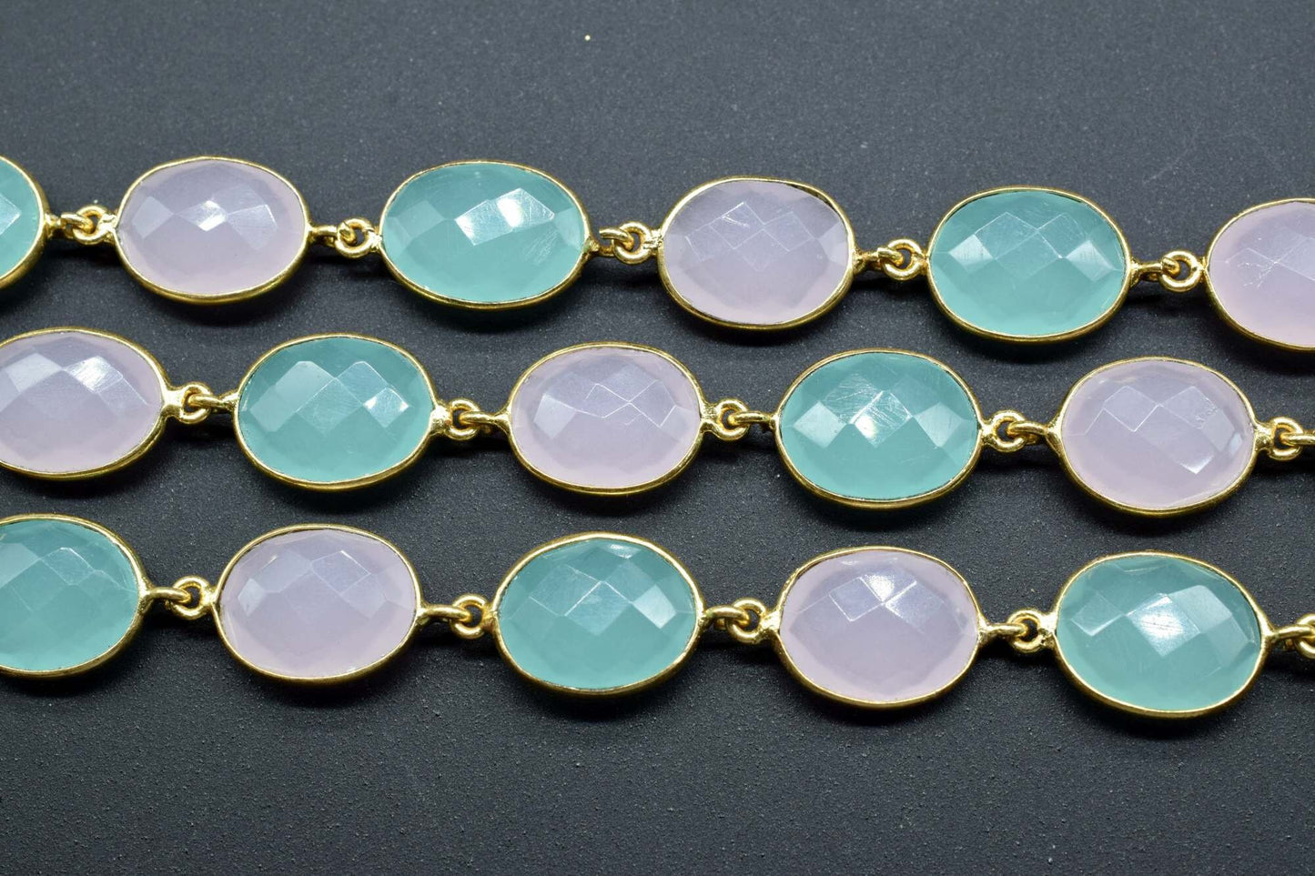 Aqua Chalcedony & Pink chacledony oval Connector Chain,Chalcedony Gold Bezel Connector Chain,Gemstone Gold Plated Rosary Chain,Bezel chains