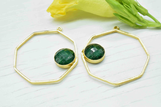 Emerald Gemstone Component, Emerald 10mm Round Shape Component, Gemstone Earring, Finding Hexagon Shape Necklace,Component Jewelry,Connector