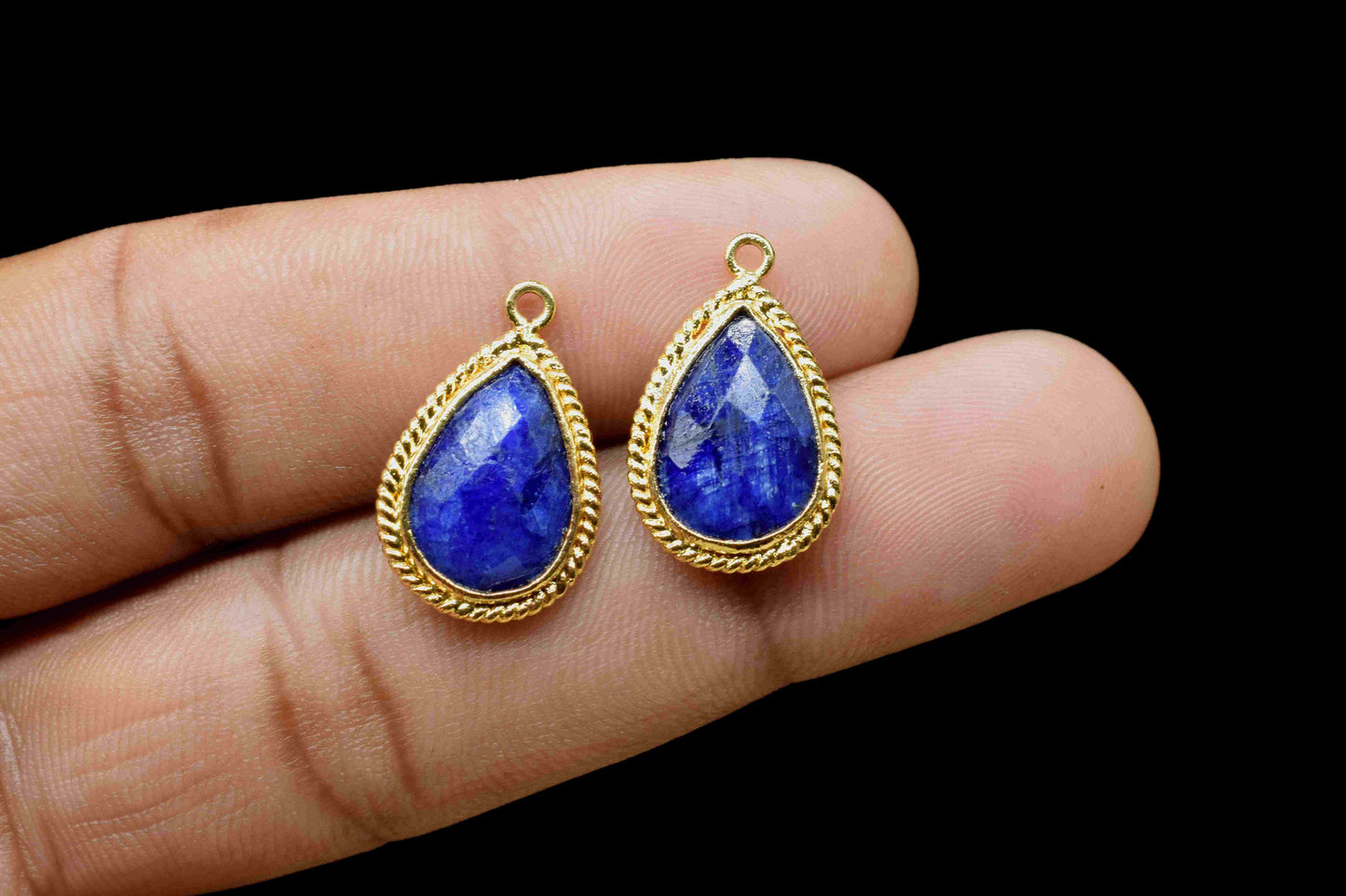Blue Sapphire Pear Shape Charm,9x13mm Single Bail Connector,Bezel Charms,Sapphire Connectors,Sapphire Pear Shape Bezel Connector Gold Plated