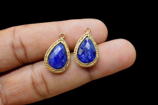 Blue Sapphire Pear Shape Charm,9x13mm Single Bail Connector,Bezel Charms,Sapphire Connectors,Sapphire Pear Shape Bezel Connector Gold Plated