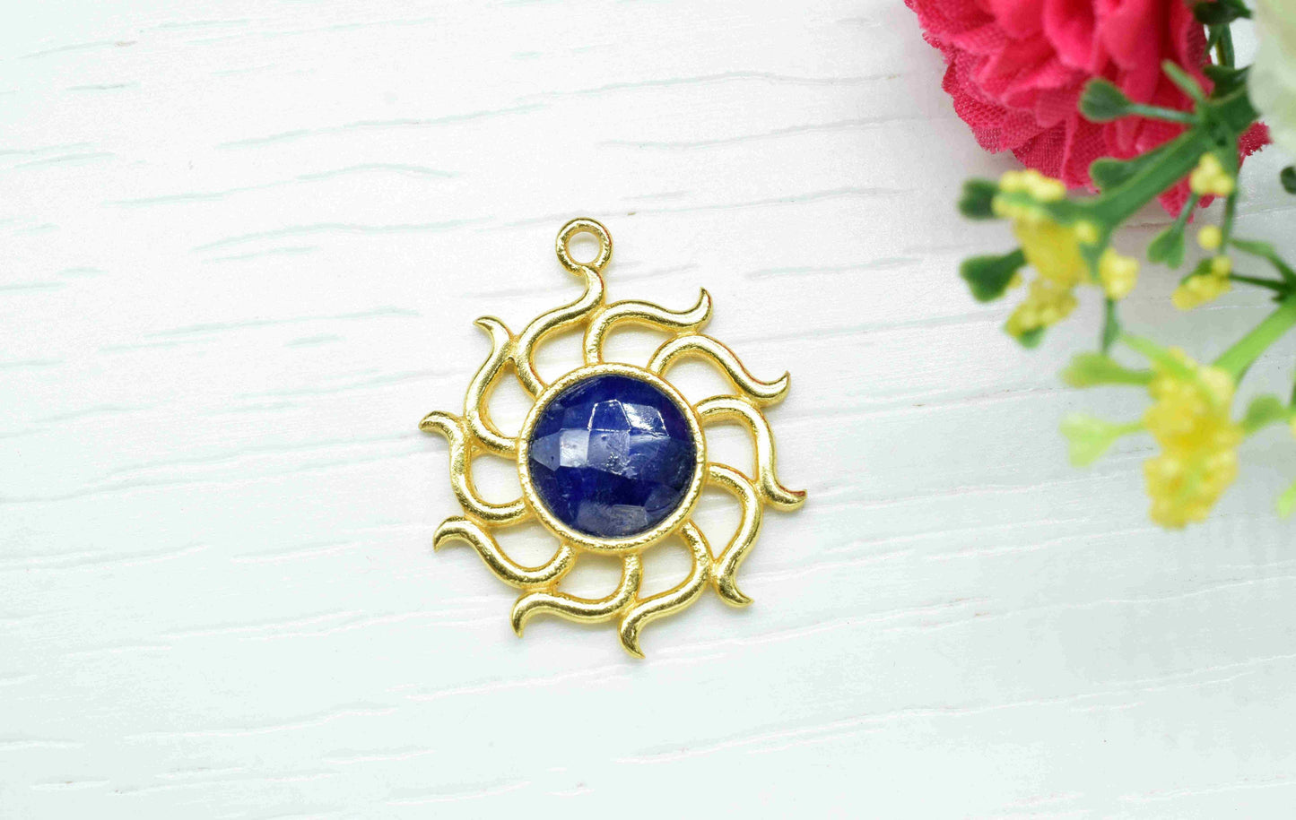 Sapphire Gemstone Component, Single Bail Charm , Sapphire  Connector Pendant , Gold Plated Connectors , Earring Component