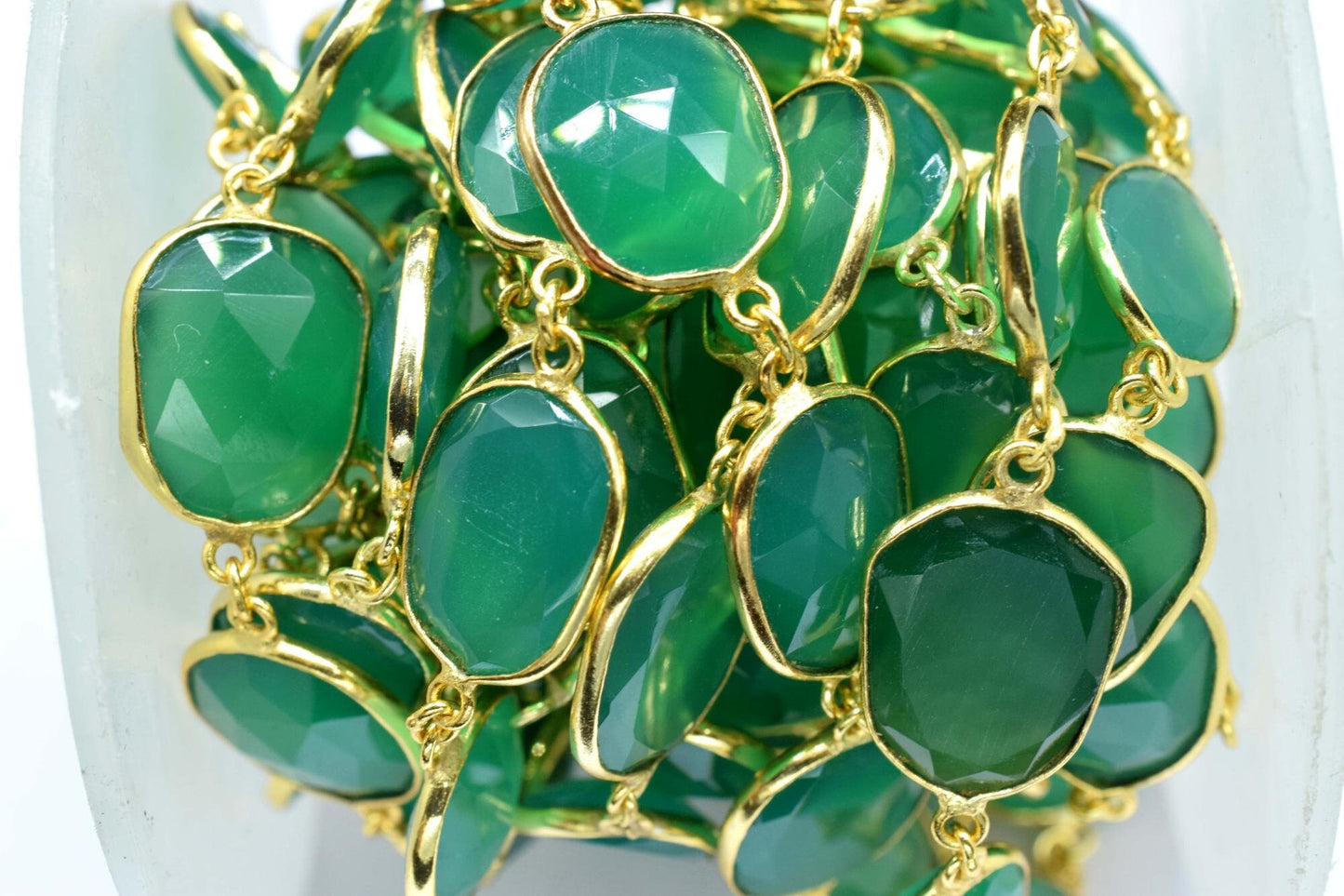 Green onyx Faceted Connectors,Gold Bezel Chain,Free Size Gemstone Connector,Handmade Station Bezel Link Chain,Green onyx Bezel Jewelry,Gift