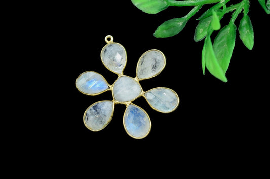 Moonstone loop connector,Natural Rainbow Moonstone,Bezel pendant ,floral gold Plated Single Point Bail,gemstone pendant,gold plated pendant,