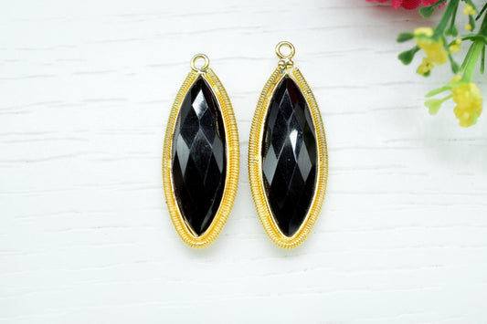 Black Onyx 10x30mm Bezel Charm,Gemstone connector,Marquise Shape Charm,Single Bail Pendant,Handmade Component Pendant,Black Onyx Jewelry