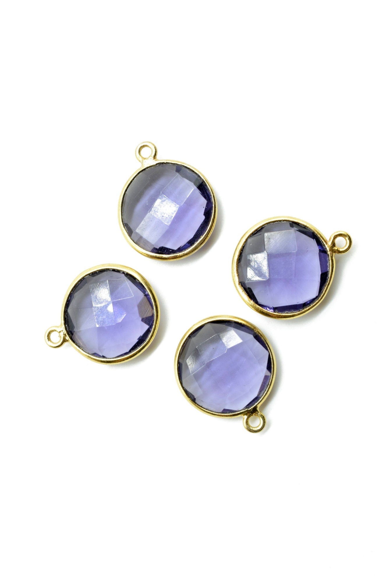 Amethyst 14mm Round Connectors,Brass Gold Plated bezel,Amethyst single Bail Pendant,February Birthstone Coin Links,Jewelry Making Findings