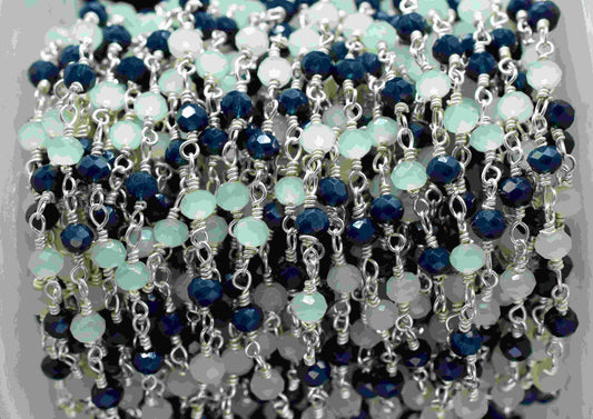 Blue Agate 3mm Beaded Chain,Multi Stone Beaded Rosary Chain,Aqua Quartz stone links,Handmade Jewelry Making Chain,Wire Wrapped Rosary Chain