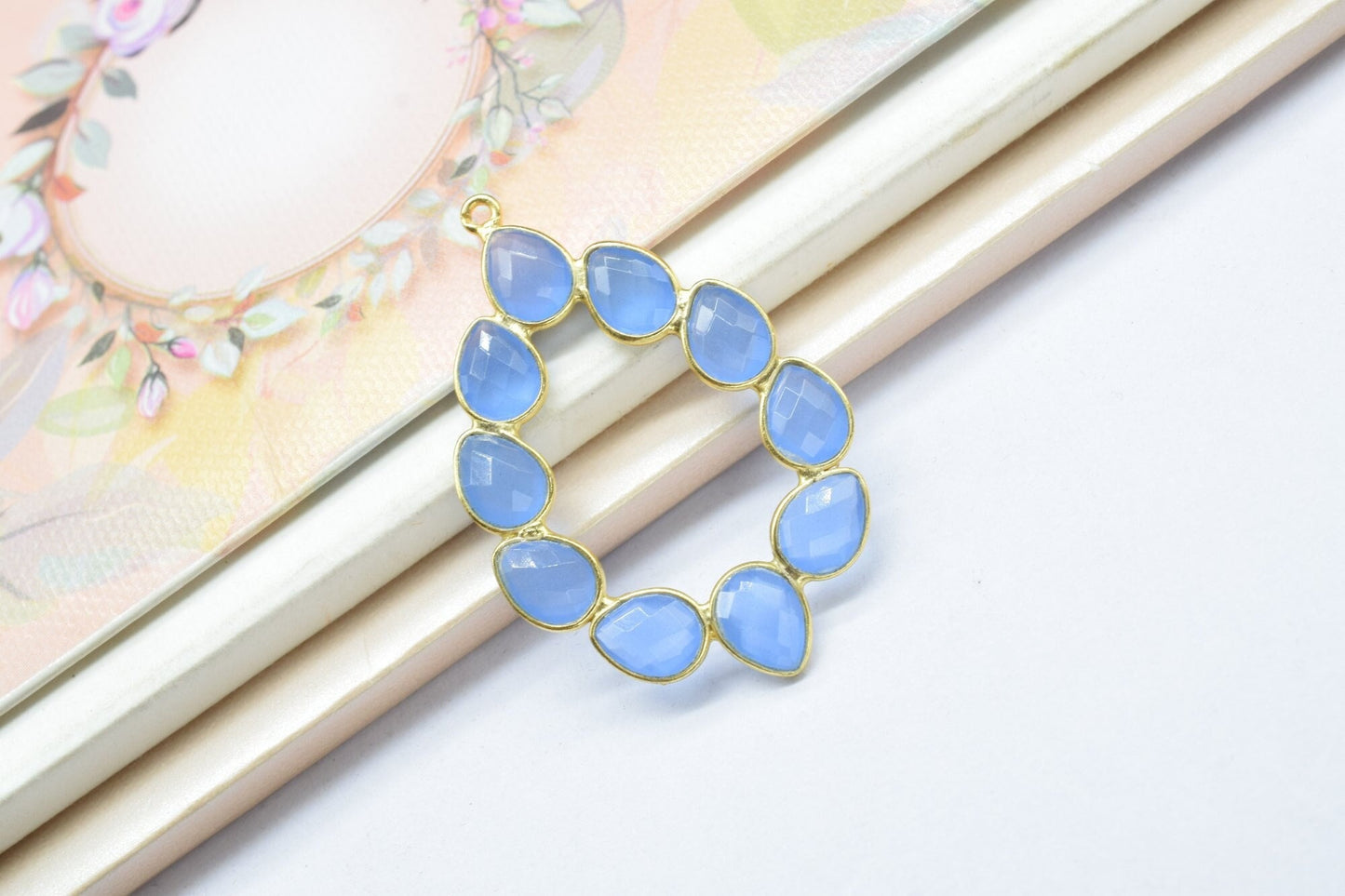 Blue Chalcedony Earring,Aqua Chalcedony Pendant,Blue Chalcedony Bezelt  Bezel,Pendant Connector,Six Attached Bezel,Necklace Pendant