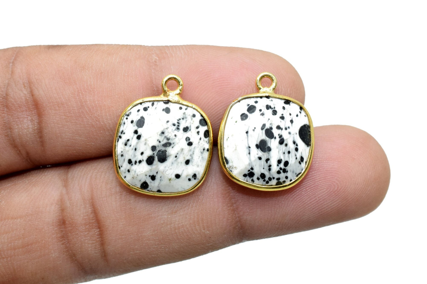 Dendrite Opal 14mm Cushion Single loop connectors,Dendrite Opal Bezel Findings Cushion Charm,Dendrite Opal Cushion Shape gold Plated charms