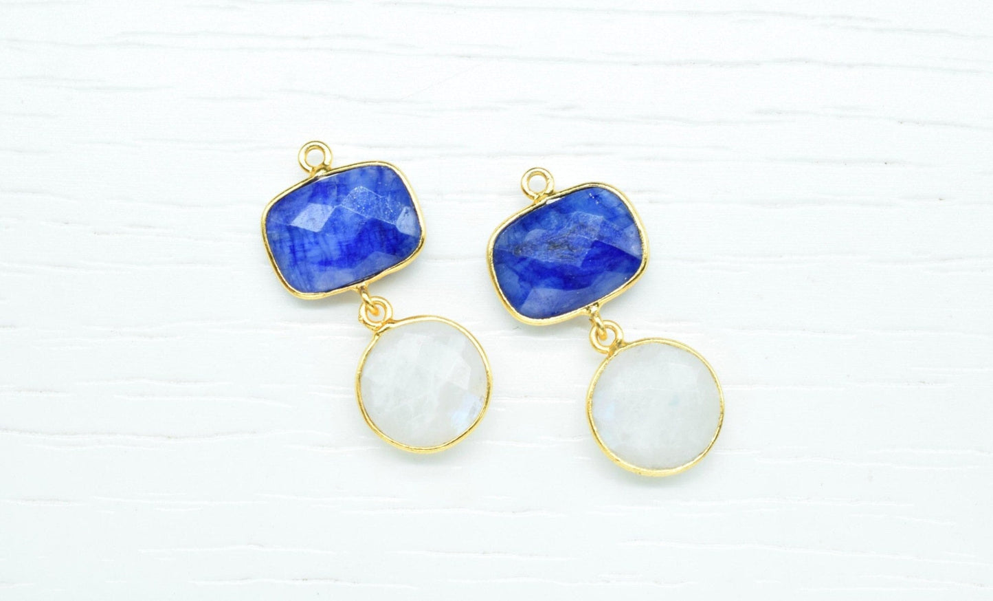 Blue Sapphire Dangle Component Earrings,Handmade Jewelry,Gemstone Connectors,Rainbow Jewelry,Station Bezel Link,Sapphire pendant Connector