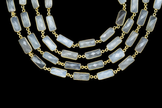 Grey Moonstone Bezel Connector Chain/Bracelet Chain/Handmade Bezel Chain/Grey Moonstone Baguette chain/Gemstone Bezel Chain/Link Chain