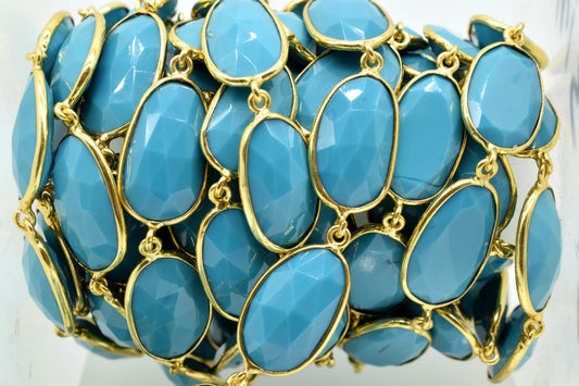 Blue Turquoise Bezel Connector Chain,Turquoise Free form Size Connector Chain,Turquoise Handmade Bezel Link Chain,Gold Plated Bezel  Chain