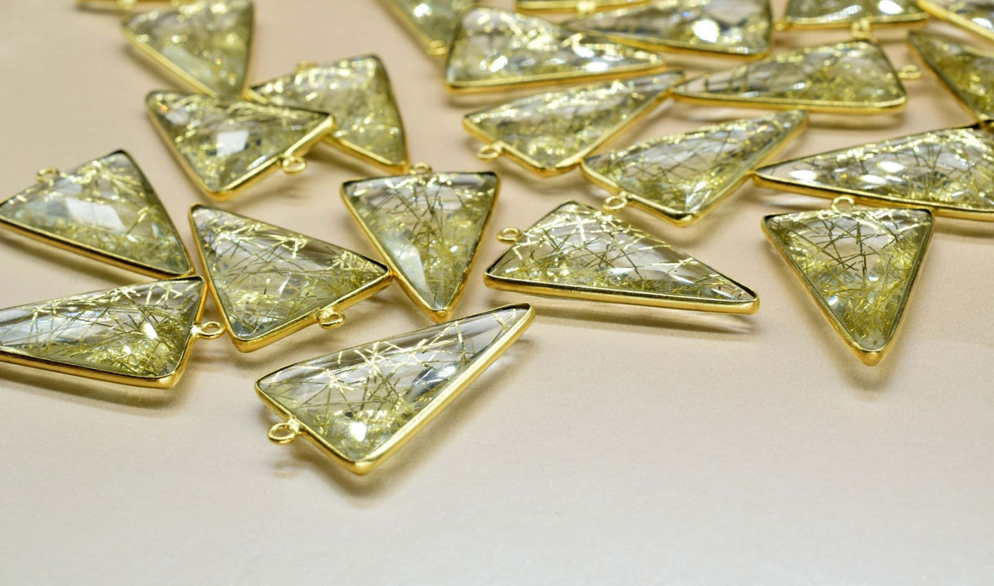 Golden Rutile 20x30mm Trillion Shape bezel,Birthstone charms jewelry making charms craft,Rutile Gemstone pendant,Rutile Gold Plated bezel