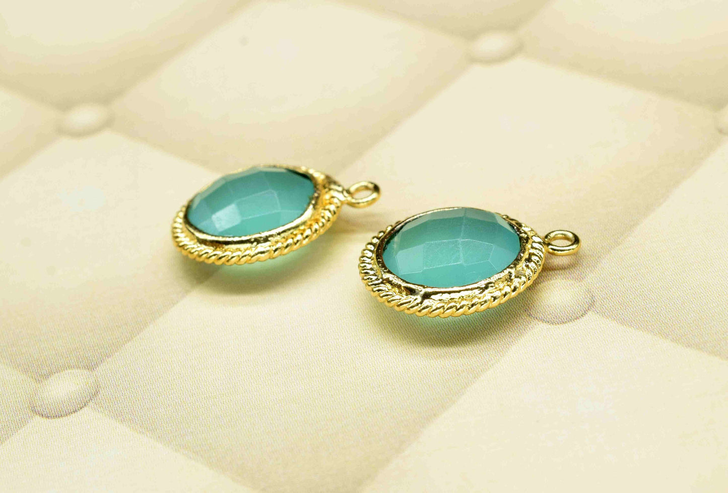 Aqua Chalcedony 10mm Round Shape Bezels Charms,Aqua Chalcedony Gold Plating Gemstone Bezel Connector,Aqua chalcedony Single Loop Charms,Gift