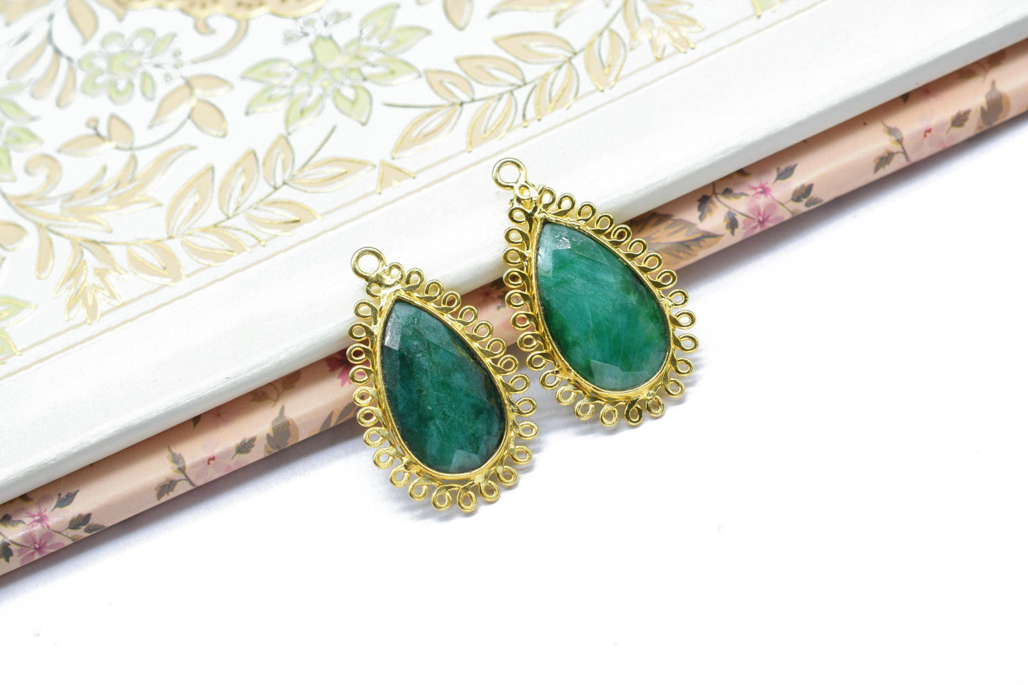 Emerald 12x20mm Teardrop Bezel Charms,Gemstone Brass Component,Wholesale Jewelry,Single Bail Pendant,Handmade Jewellery Connectors,Gift