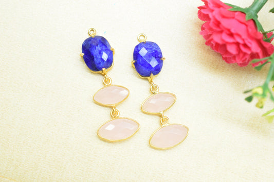 Blue Sapphire Bezel Charm Connector/Rose Quartz Pendant/Prong Bezel Jewelry/Connector/Station Bezel Link Pendant/Handmade jewelry/B'day Gift