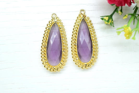 Amethyst 10x30mm Teardrop Bezel Charm,Single Bail Pendant,Handmade Jewellery Connectors,Gemstone Brass Component,Handmade Connector,Gift