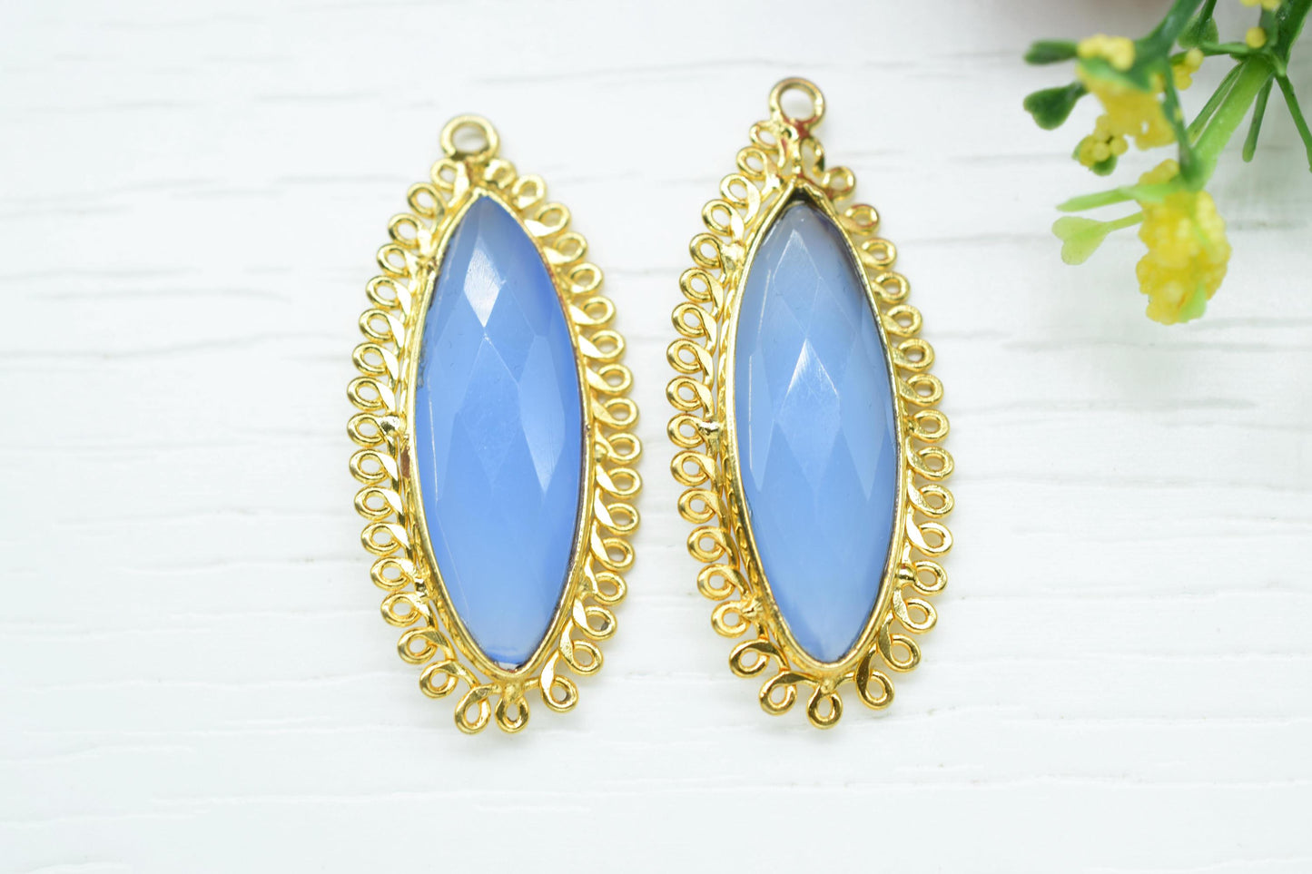 Blue Chalcedony 10x30mm Marquise Bezel Charm,Handmade Jewellery Connectors,Single Bail Pendant,long charm, Gemstone Brass Component,Gift