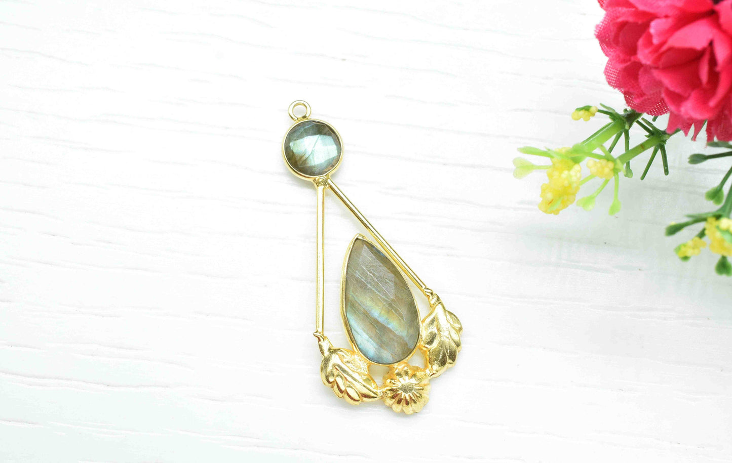 Labradorite Gemstone Pendant , Labradorite  Handmade Pendant , Multi Gemstone Charms , Gold Plated Gemstone Connectors , Summer Collection