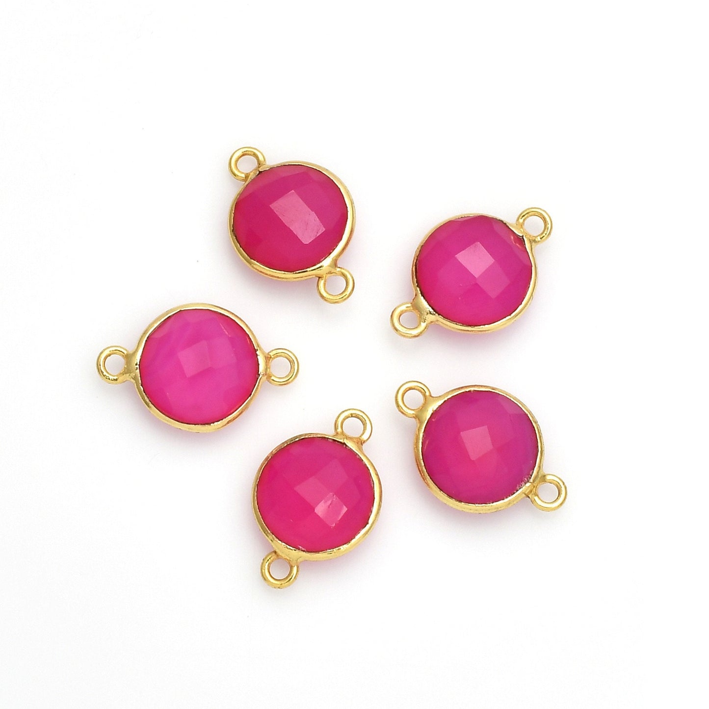 Pink chalcedony 10mm Round Bezel double connector,Chalcedony Gold Plated bezel,chalcedony Bezel,Gold Vermeil Bezel,jewelry Gold-Filled bezel