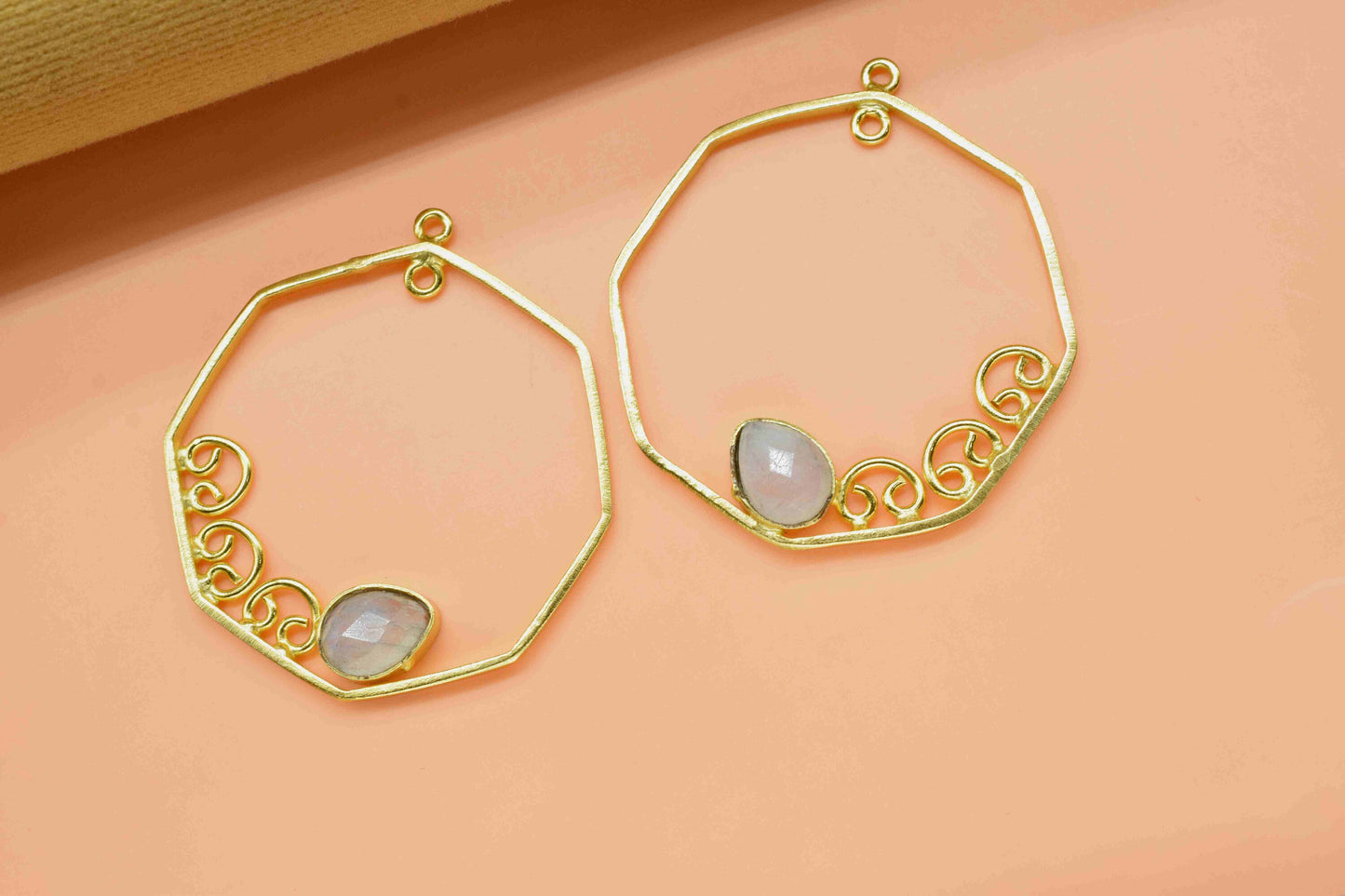 Moonstone 6x8mm Teardrop Shape Component,Gemstone Single Bail Connector,Finding 32mm Hexagon Shape Pendant,Gold Plated Earring,JewelryMaking