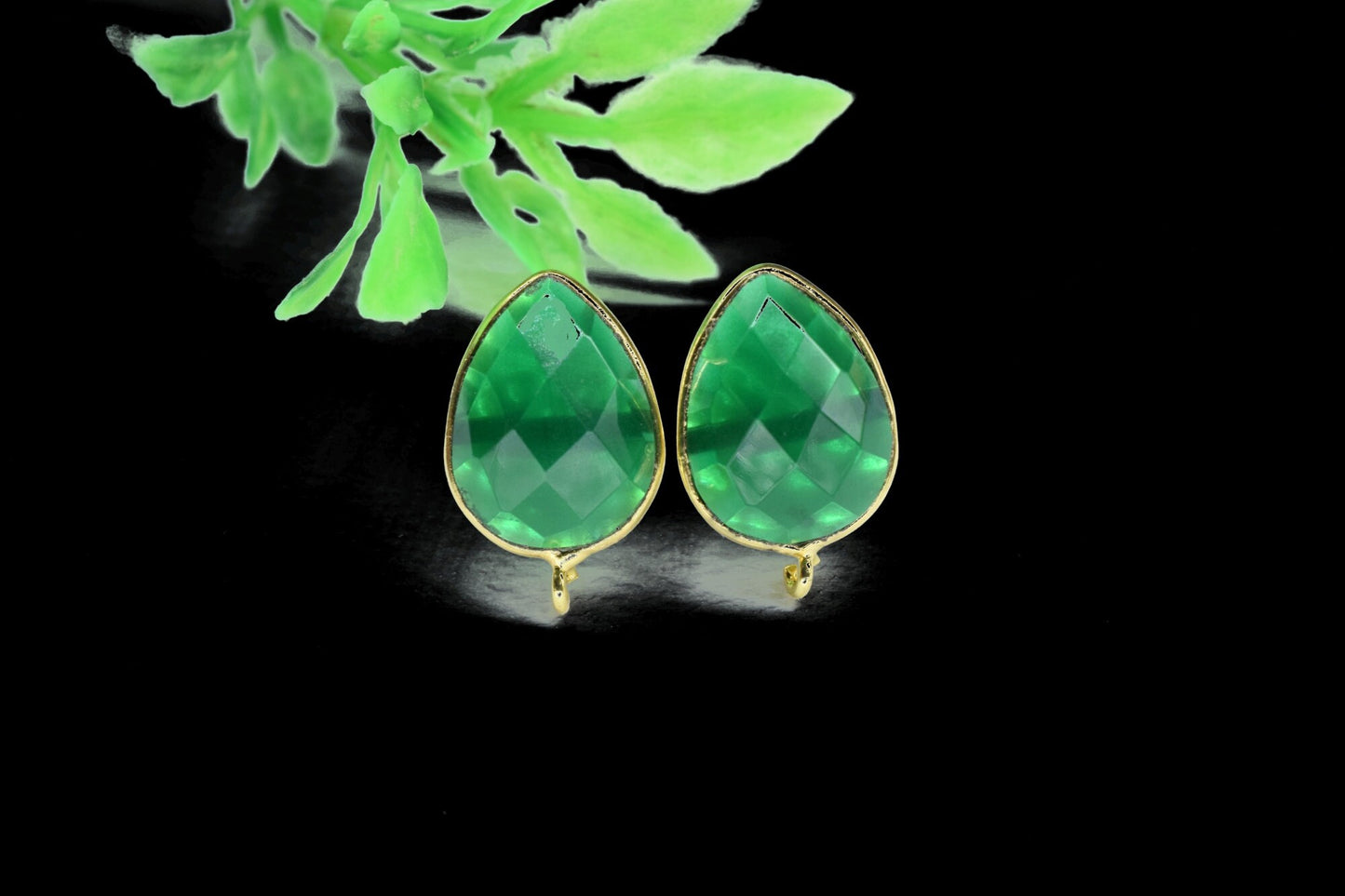 Green Onyx 12x16mm Teardrop Earring Connector,Green Jewelry,bezel frame Connector,Ear Post Studs Connector,Jewelry Making Finding,Green Stud