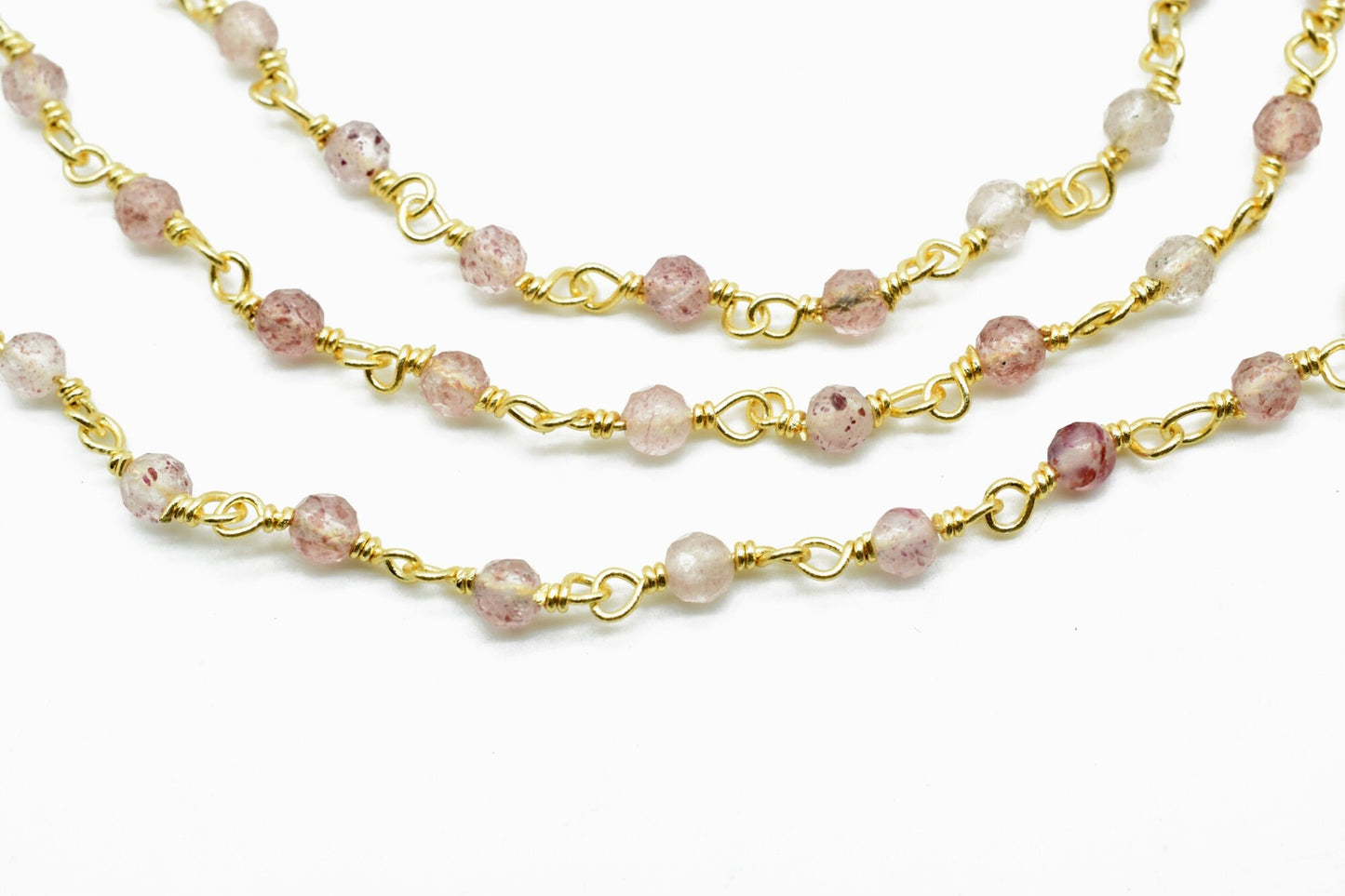 Berry Quartz 3mm Beaded Chain,Berry Quartz wire wrapped chain,Gold chain,rosary chain,jewelry making supplies,Gold Plated Wire Wrapped Chain