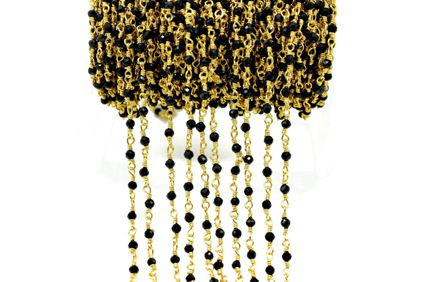 Black Spinel 2mm Rosary Style Beaded Chain, Black Spinel Faceted Beads Wire Wrapped Chain,Brass chains,Jewelry Making Chains,2mm Beads Chain