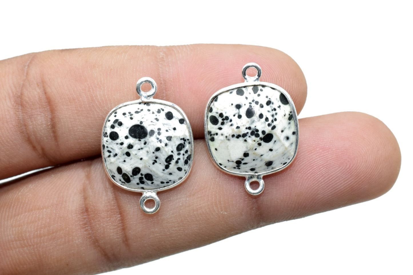 Dendrite Opal 14mm Cushion double loop connectors,Dendrite Opal Bezel Findings Cushion Charm,Dendrite Opal Cushion Shape silver Plated charm