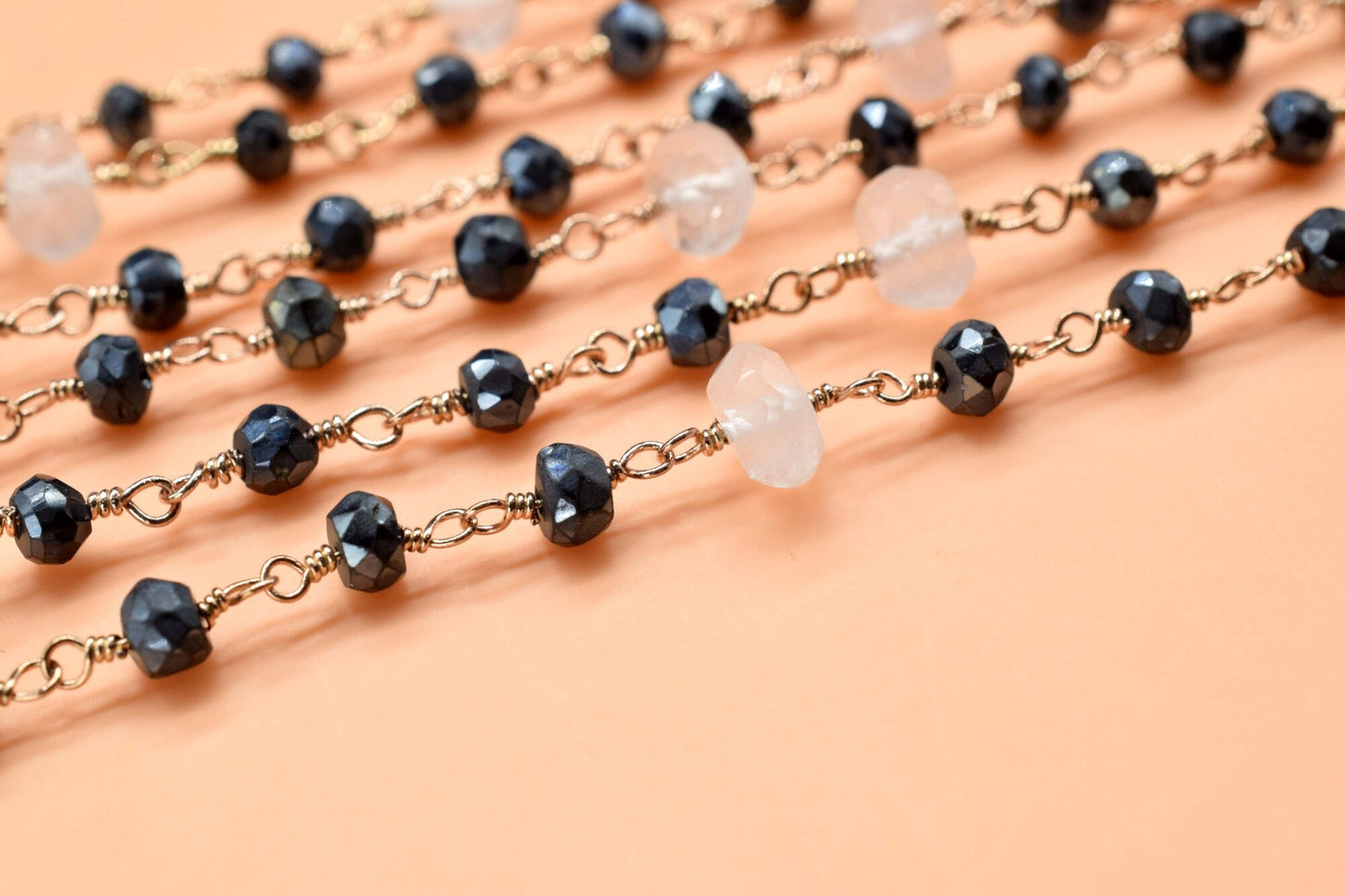 4 mm Black onyx  Rosary Chain,rose quartz Faceted Beaded Chain,Wire Wrapped gold Plated Chain,bigger size beaded ,rosary ,dual gemstone,boho