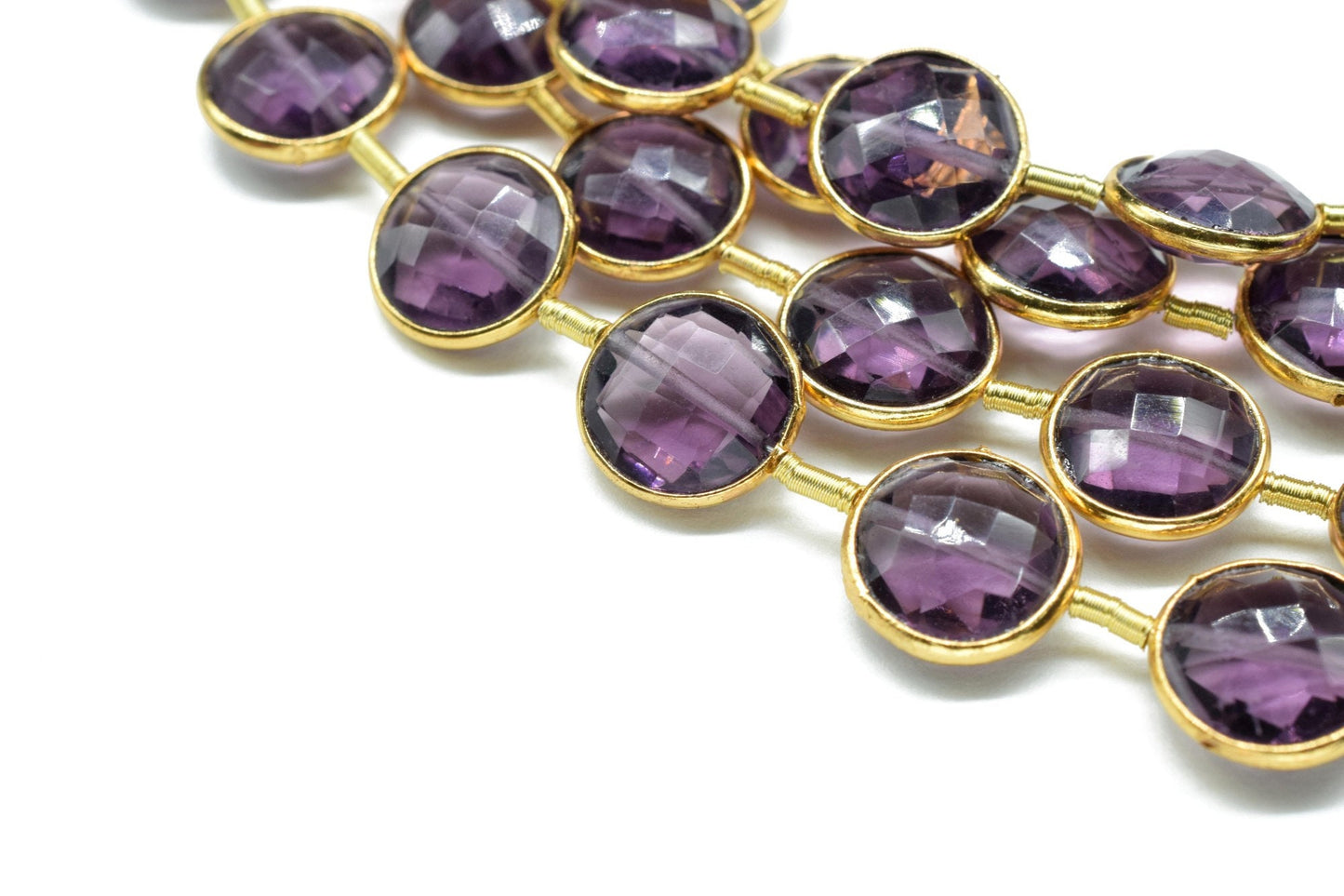 Amethyst Gemstone 10mm Round Charms Beads Strand,Amethyst Findings Jewelry Making,Brass Gold Plated bezel,February Birthstone Coin Links