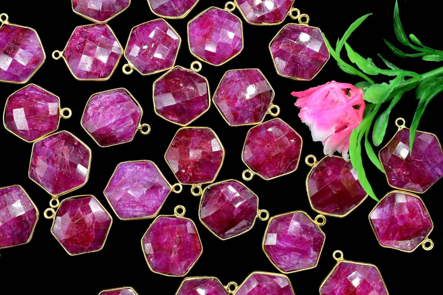 Ruby 16mm Hexagon Shape Pendant,Faceted Hexagon Shape Gemstone Bezel,Hexagon Charm Pendants,Gold Plated Single Bail Gemstone Connector