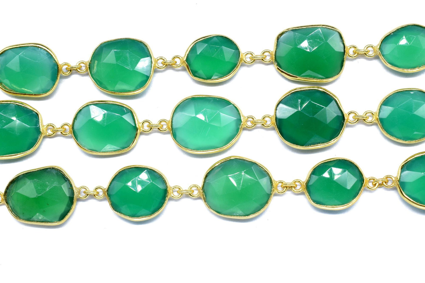 Green onyx Faceted Connectors,Gold Bezel Chain,Free Size Gemstone Connector,Handmade Station Bezel Link Chain,Green onyx Bezel Jewelry,Gift