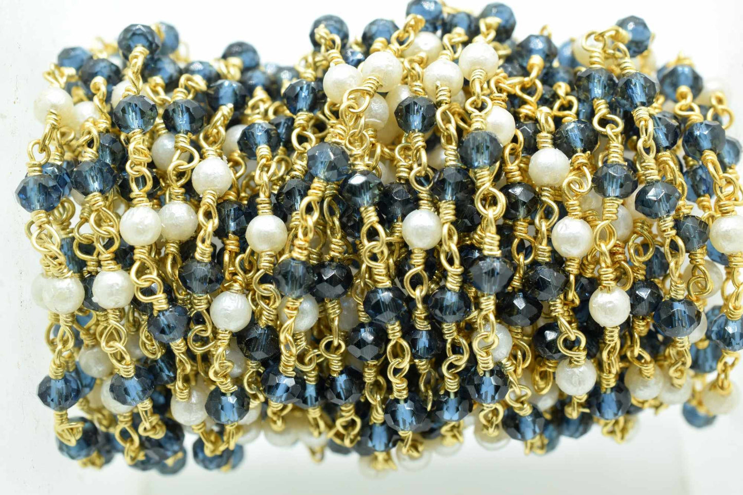 London Blue Topaz Beaded Rosary Chain,Pearl Beaded Rosary Chain,jewelry making Chain,Gemstone Rosary,wire wrapped rosary,3mm Beaded rosary