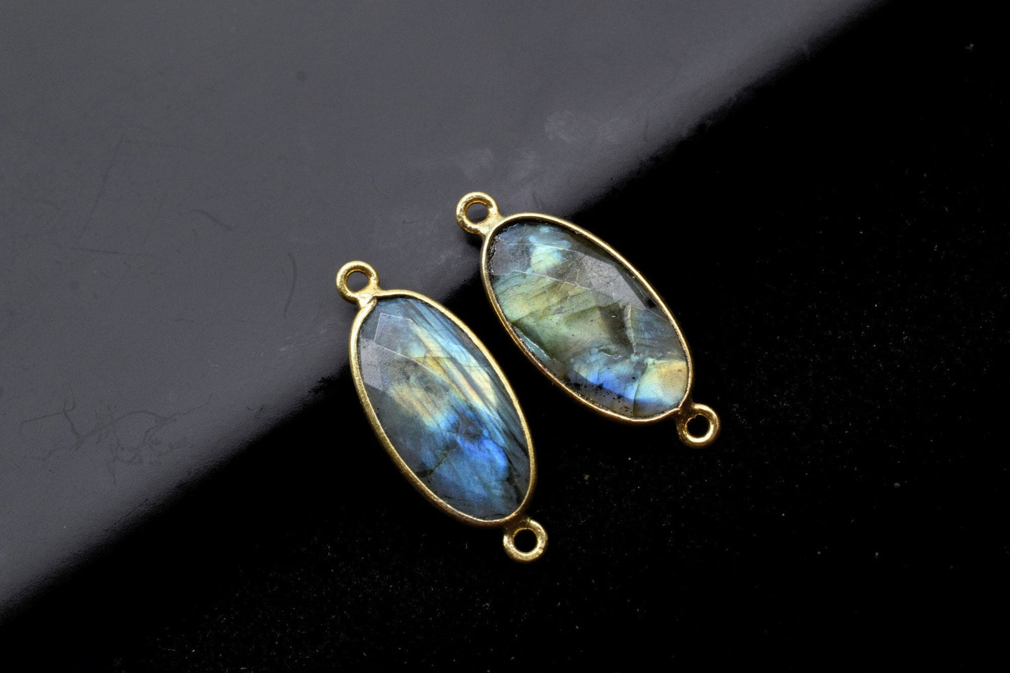 Labradorite 10x20mm Oval shape double bail connectors,Labradorite Bezel link pendant,Labradorite Gold Plated bezel,jewelry making connectors