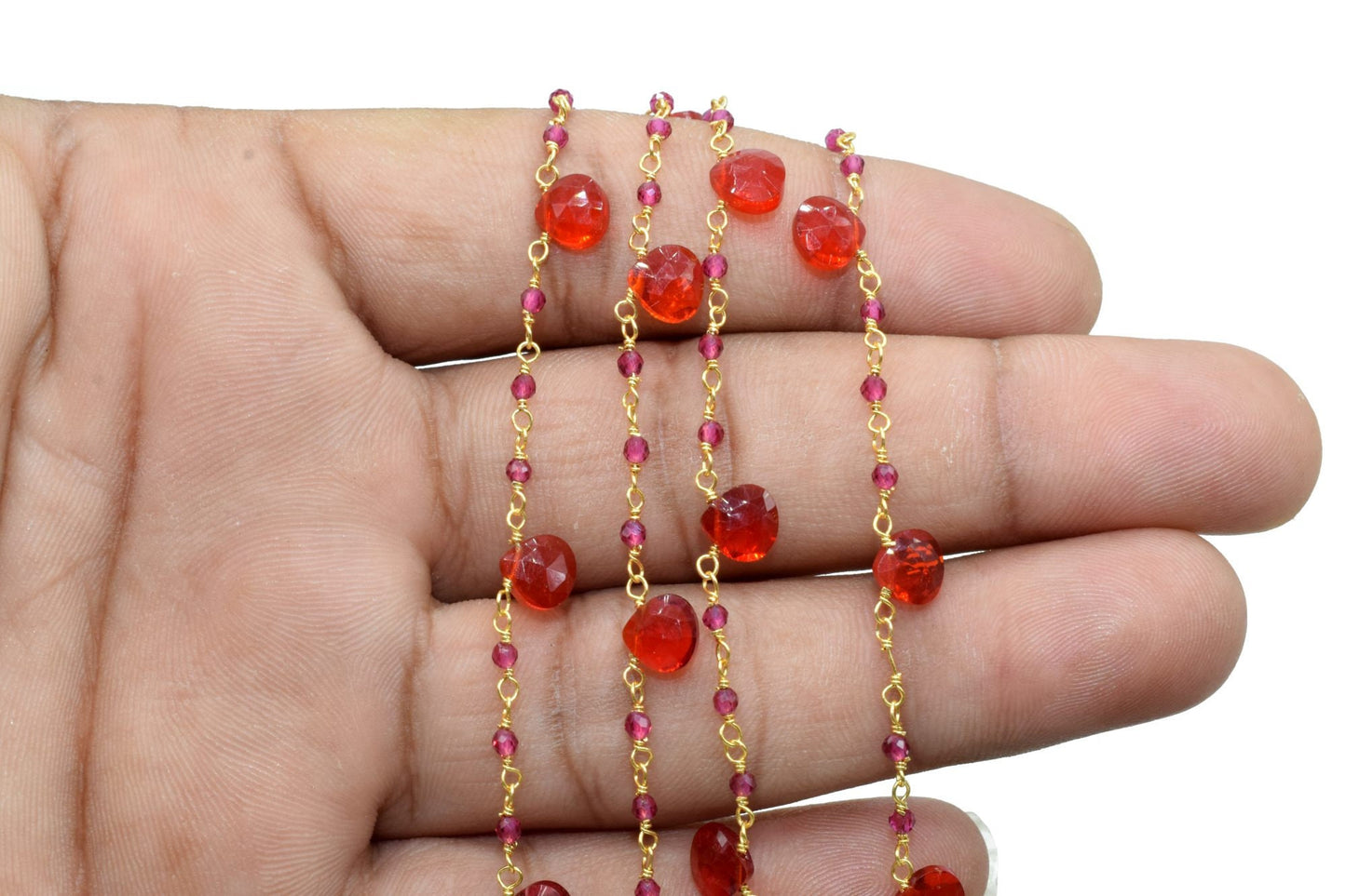 Carnelian,Pink chalcedony 2mm Beaded & Heart shape Chain,Beaded Wire Wrapped Gemstone Beads,Faceted Rosary Chain,Gemstone rosary style chain