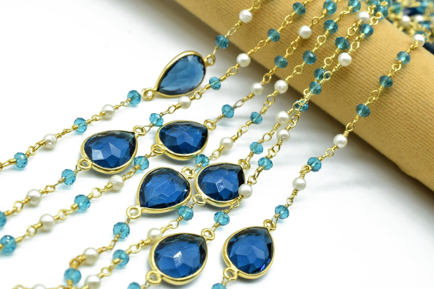 3mm Apatite Rosary,London Blue Topaz Bezel Link Chain,Pearl Beaded Rosary,Dual Gemstone Rosary Chain,Gold Plated Bezel Chain,Beaded Chain