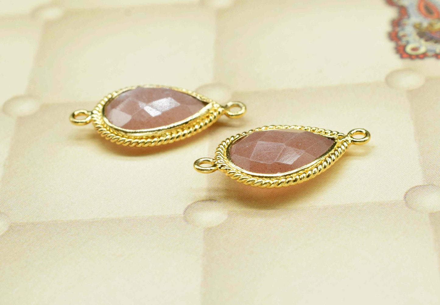 Peach Moonstone Pear Shape Single Bail Charms,9x13mm Bezels Link Connectors,Single Loop Connectors,Moonstone Charms,Jewelry Making Connector
