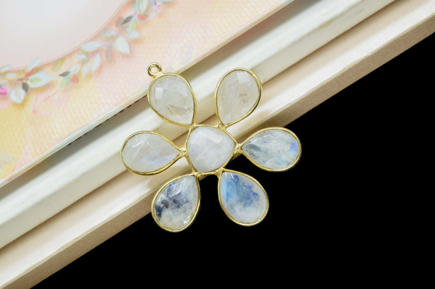 Moonstone loop connector,Natural Rainbow Moonstone,Bezel pendant ,floral gold Plated Single Point Bail,gemstone pendant,gold plated pendant,