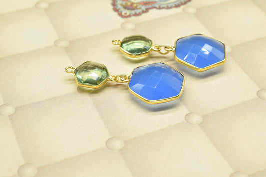 Blue chalcedony Dangle Component Charms,Multi Stone Dangle Earring,Handmade Necklace Connector,Green Amethyst pendant,Gemstone Bezel pendant