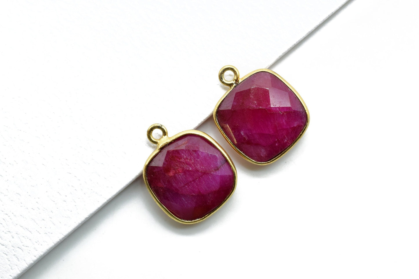 Ruby 12mm Cushion shape single bail connector,Ruby Pendant,Ruby cushion Gold Plated bezel,Ruby single loop connector,jewelry making charms