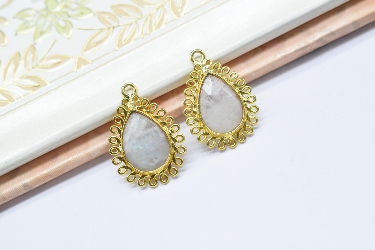 Rainbow 10x14mm Teardrop Charm,Gemstone Teardrop Bezel,Handmade Pendant connector,Single Bail Pendant,Moonstone Bezel Charm,Necklace Pendant