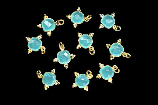 Aqua Chalcedony 8mm Cushion Bezel charm/Station Bezel Link Supplies/Aqua Chalcedony Jewelry Making/Square Pendant/Gemstone Connector Pendant
