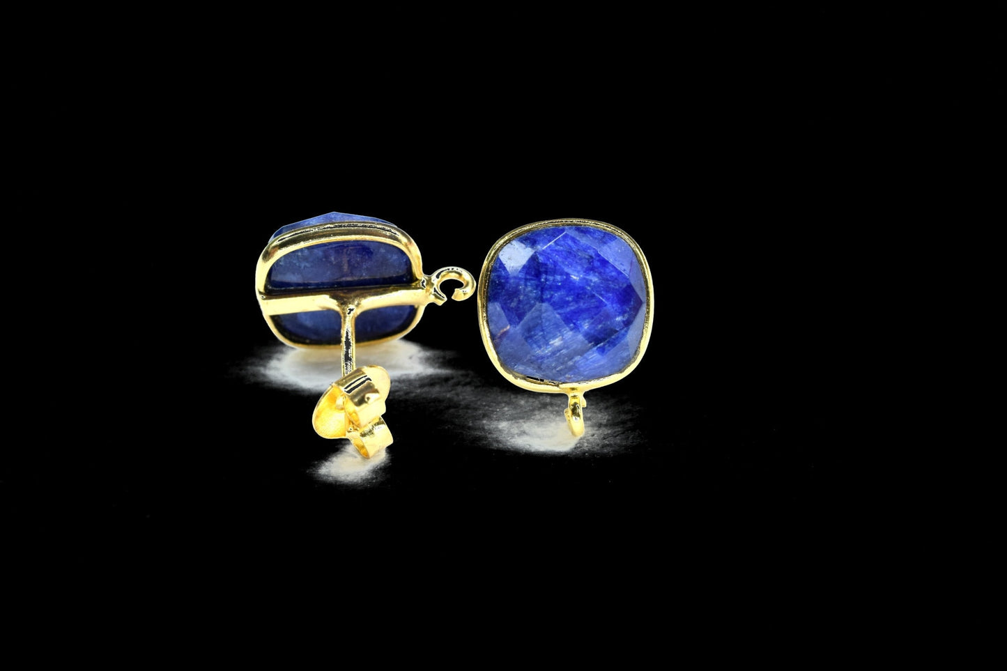 Sapphire 10mm Cushion Earring Connector,Earring Findings,Blue Sapphire post stud,Gold Plated Earring Connector,BlueSapphire Stud