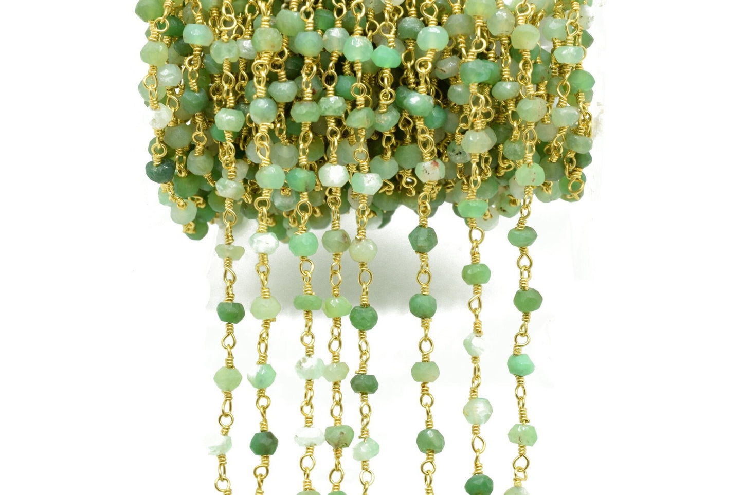 Chrysoprase 3mm Beaded Chain,Gemstone Gold Plated Wire Wrapped Rosary Chain In Brass, beaded Rosary Chains, Handmade Jewelry Making Chains