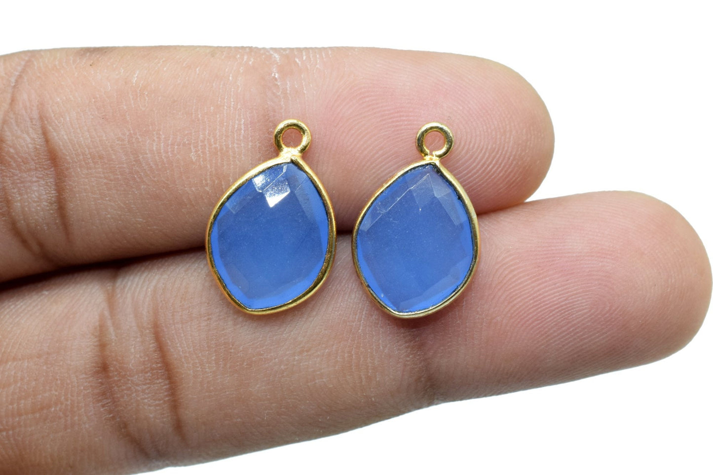 Blue Chalcedony 10x13mm Eye shape single loop charms,Blue Chalcedony pendants, Gold Plated,Single Bail Connectors,Jewelry Bezel Set Charms