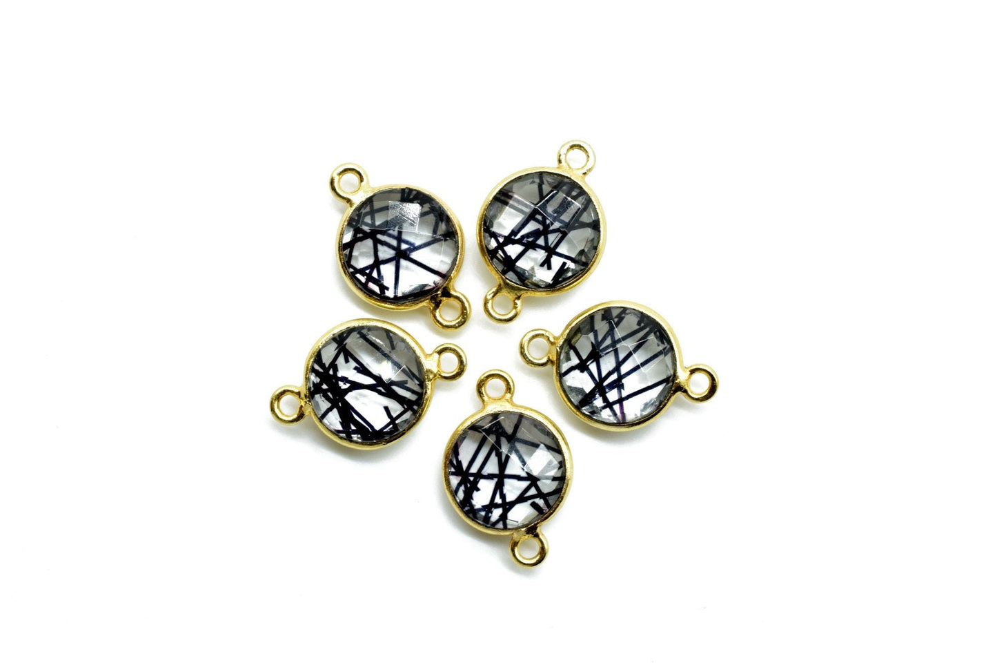 Black Rutile 10mm Round Double loop connectors,Brass Gold Plated bezel,Black Rutile Pendant,Black Rutile double bail Round connectors,Rutile