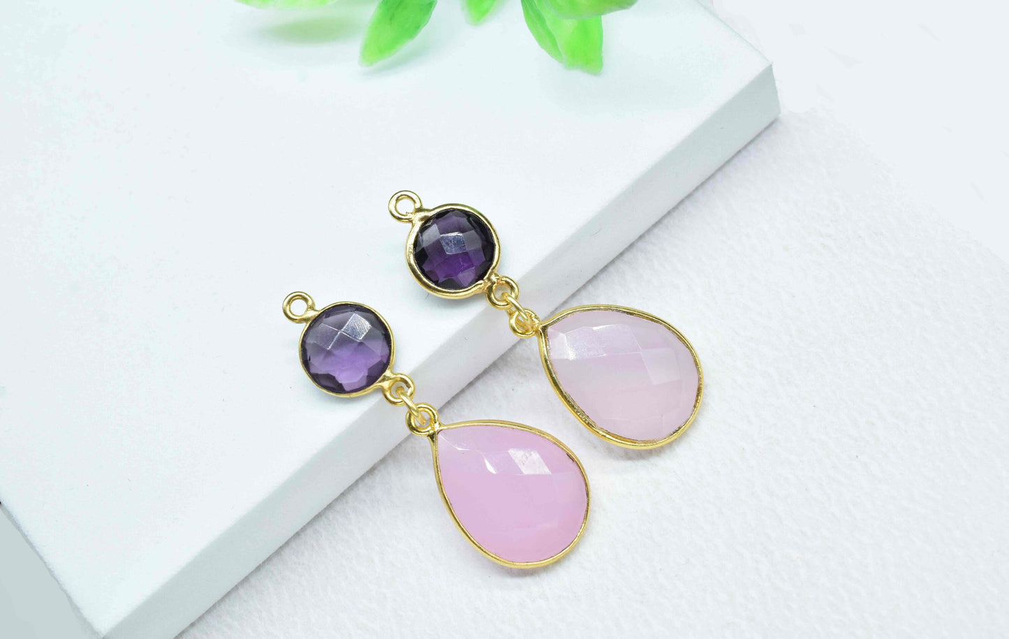 Rose Quartz Component pendants,Multi Gemstone Dangle Earring,Necklace Connectors,Handmade jewelry,Dangle pendant Charms,Station Bezel Link