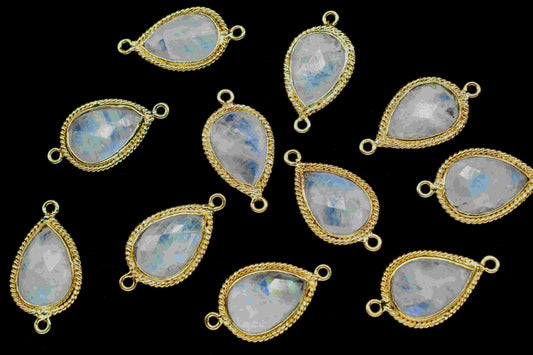 Rainbow Moonstone 9x13mm Pear Shape Double Bail Connector,Moonstone Teardrop Pendant,Moonstone Gold Plated Bezel,Jewelry Making Charms Gift