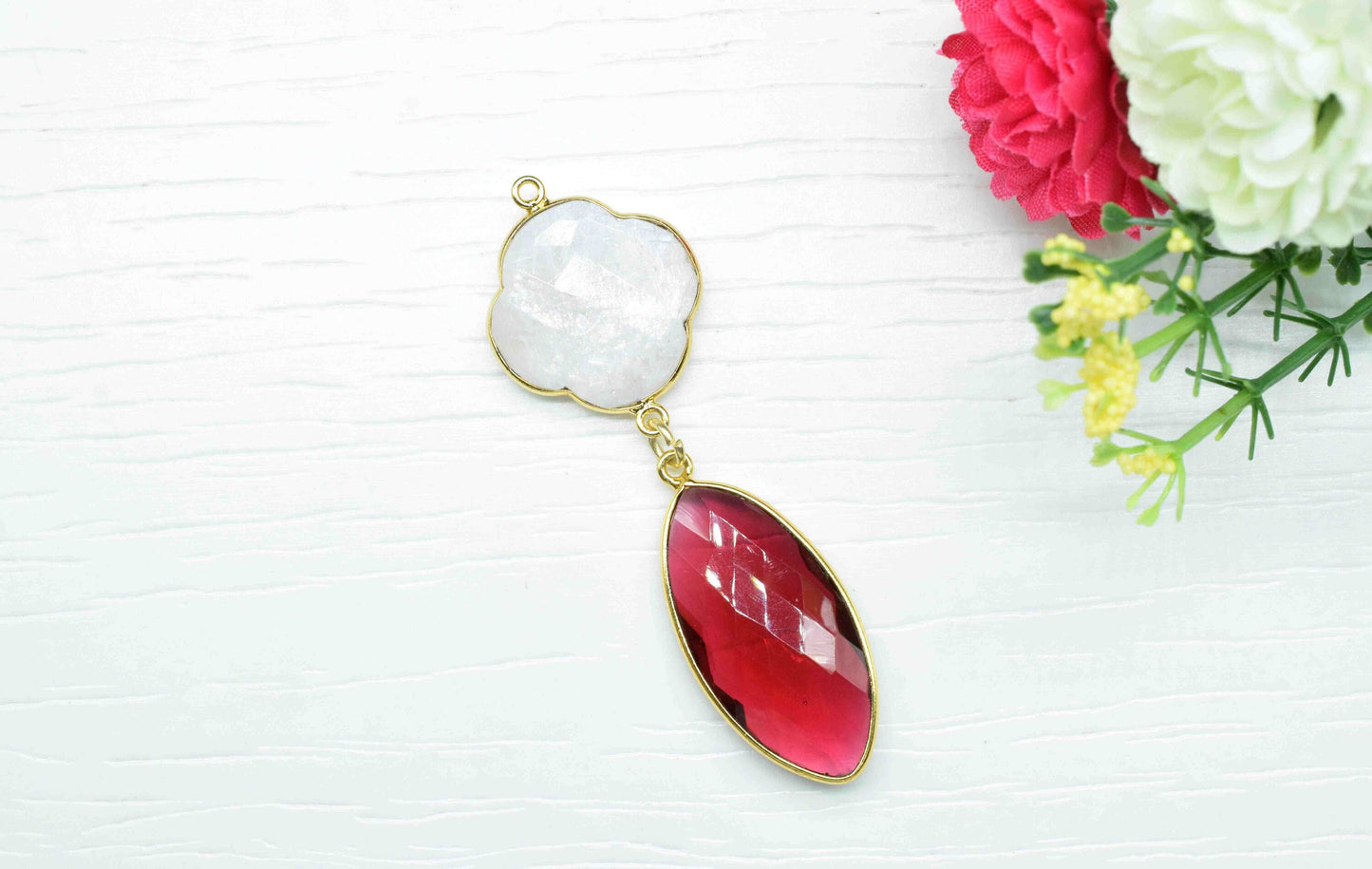 Pink Tourmaline +  Moonstone Component Pendants ,Multi Stone Dangle Earrings ,Earring Component Jewelry ,Dangle pendant Charms,B'day Gift