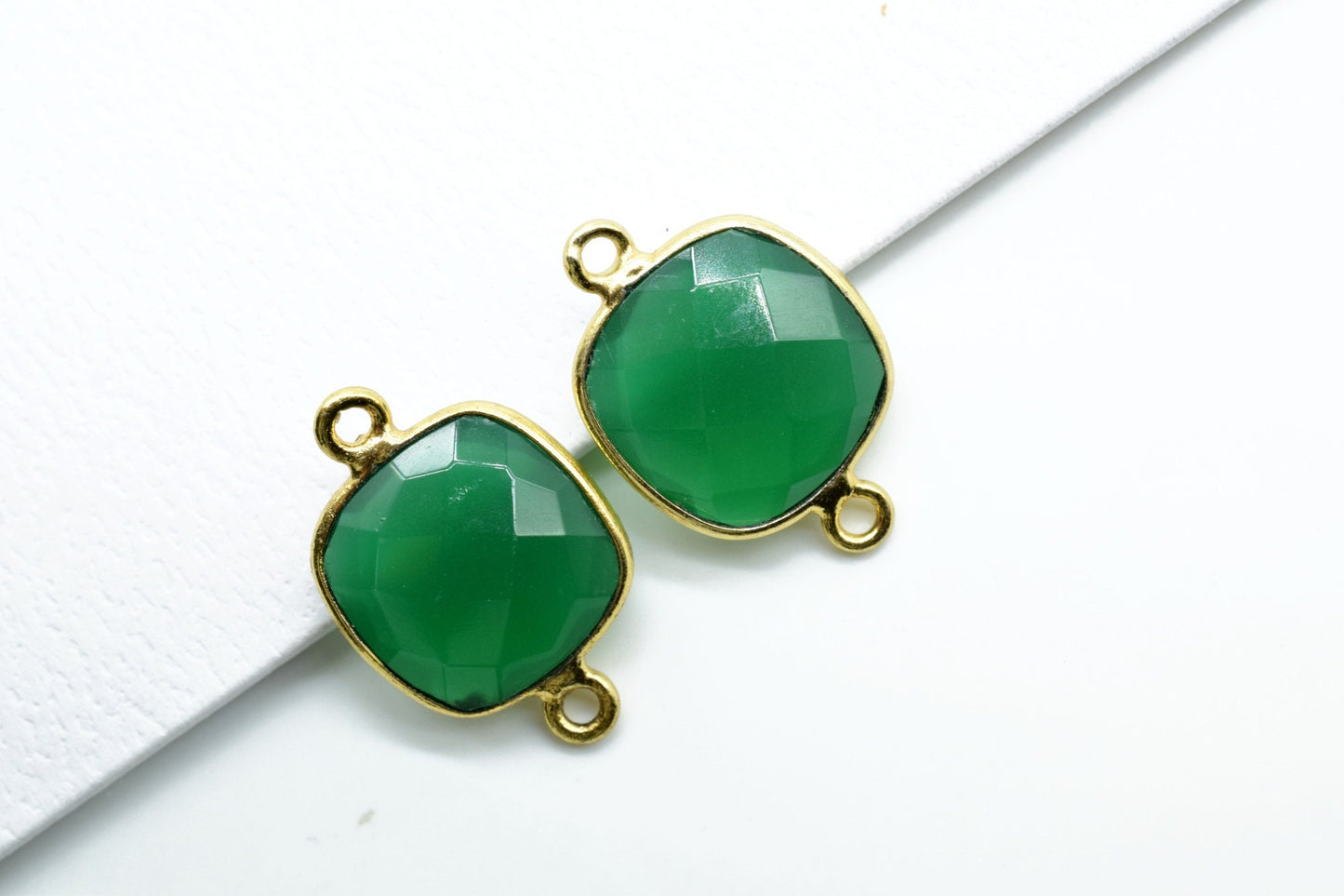 Green Onyx 12mm cushion shape Double bail Connector,Faceted Cushion Shape Connector,Double Bail Gold Plated Bezel, Making Jewelry Supplies,